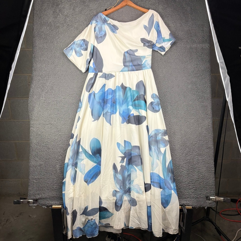 Unbranded Blue Floral Chiffon‎ Maxi Dress Short Sleeve White Wedding Guest